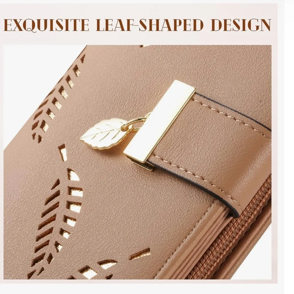 Women's Long Leaf Bifold Wallet Leather Card Holder Purse Elegant Clutch (new)